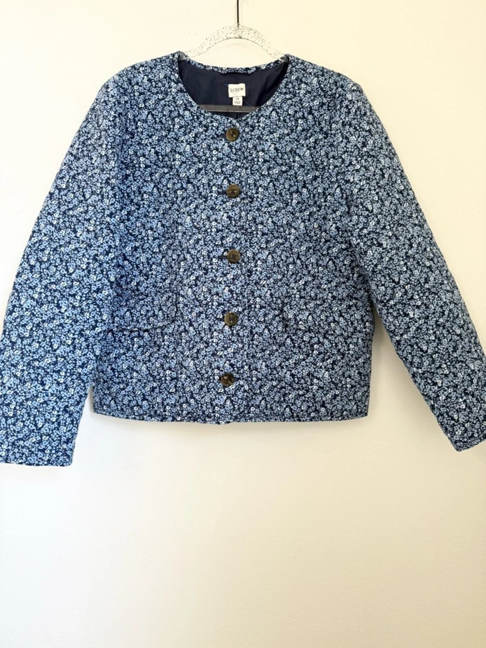 J Crew Blue Short quilted Floral Cotton Blend Jacket Size 14 NWT